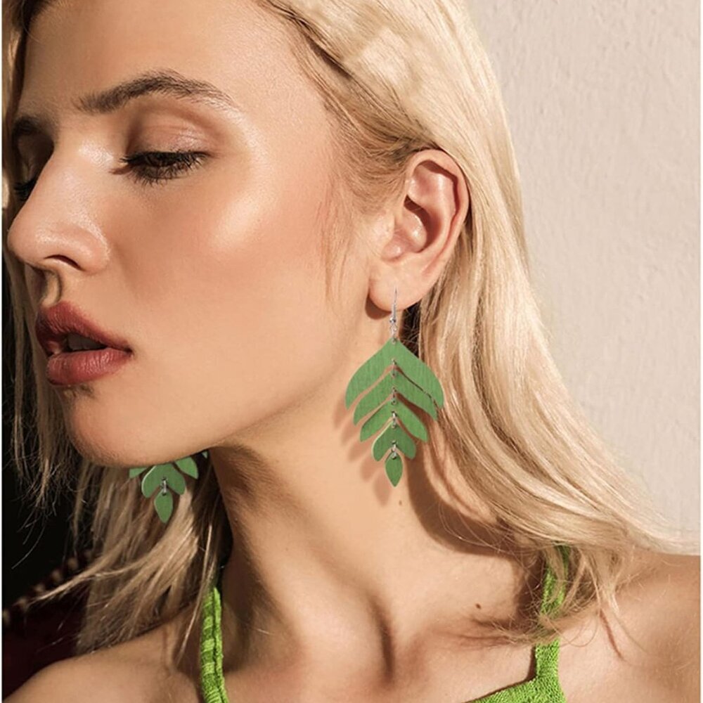 Handmade Lightweight Wooden Leaf Drop Dangle Earrings Bohemian Nature Wood Chain - Picture 4 of 6